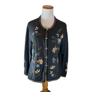 Appleseeds Embroidered Cardigan Sweater Women Dark Gray Floral Long Sleeve Large